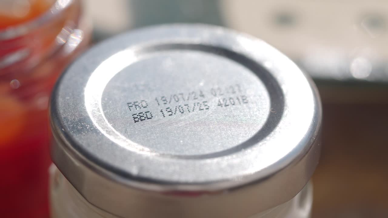 Close-up of an expiration date on a jar lid