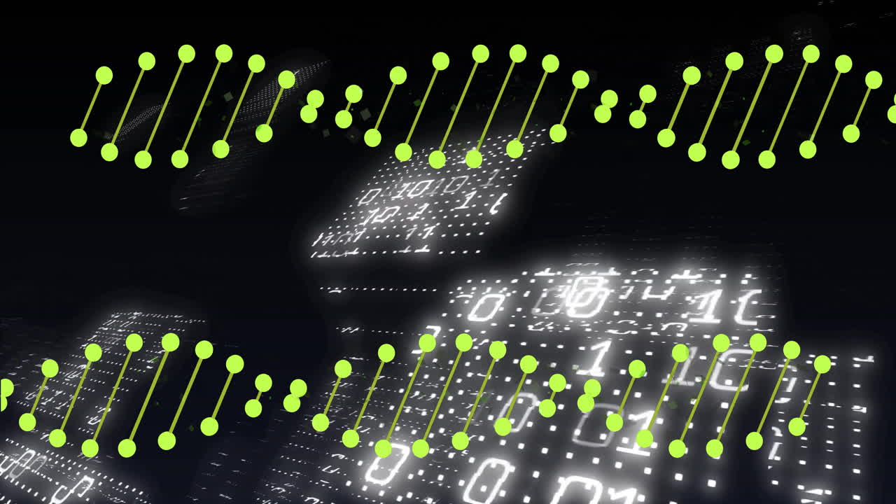 검은색 배경에서 데이터 처리를 통해 dna 가닥의 애니메이션