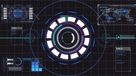 animation of rotating security system, world map and diverse data on black background