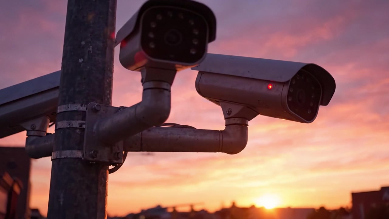 Telecamere di sorveglianza al crepuscolo: uno spettacolo accattivante di tecnologia su uno sfondo di tramonto vibrante