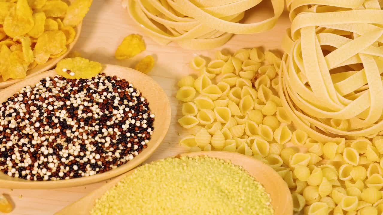 Various grains and pasta types arranged on a wooden surface under warm lighting, highlighting textures and colors