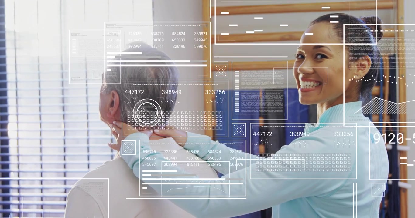 Therapist placing hands on patient's neck activating transparent overlay for real time tension data