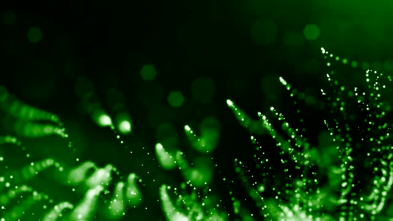 4k 3d рендеринг частиц свечения в виде абстрактного бесшовного динамического фона с глубиной поля и боке. научная фантастика или микрокосмос, пространство или цифровое абстрактное пространство. 3d циклическая анимация. зеленые струны 5