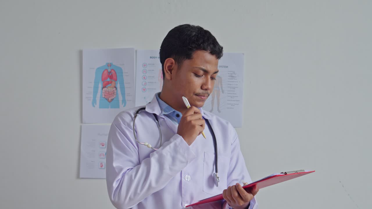 Otolaringologis profesional memeriksa model telinga kecil sambil memegang papan klip.