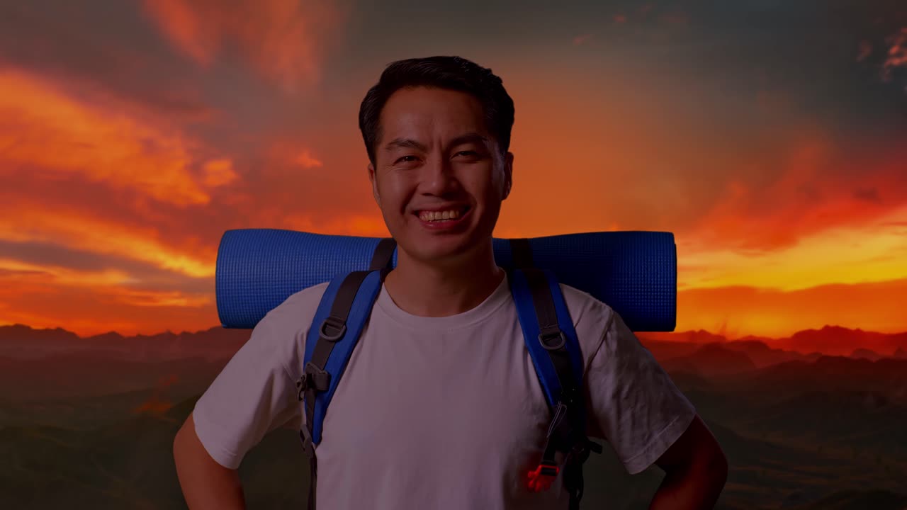 해가 지는 동안 산책하는 웃는 남자