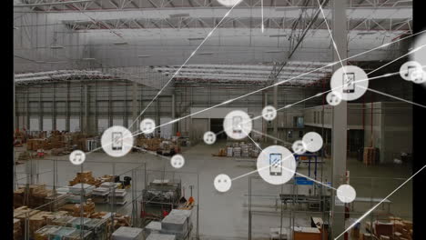 animation of network of connections with devices icons over warehouse