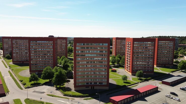 High-Rise Residential Buildings In A Row Under A Bright Sunny Day In Västra Frölunda, Gothenburg Sweden