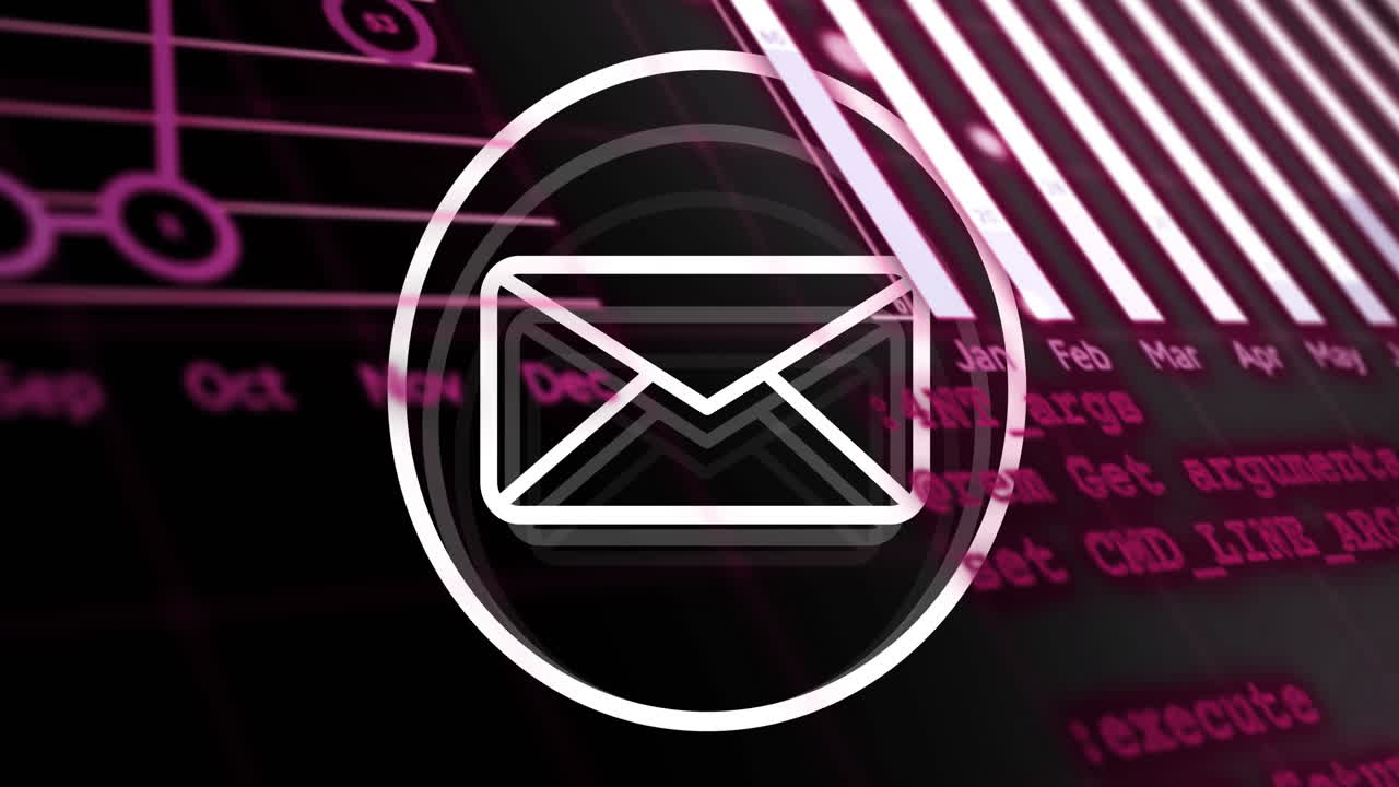 Animation of financial data processing and email icon over black background