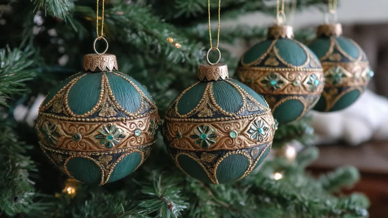 Beautifully Crafted Decorative Ornaments Hanging on a Christmas Tree, Showcasing Intricate Designs and Rich Green Colors Perfect for Holiday Celebrations