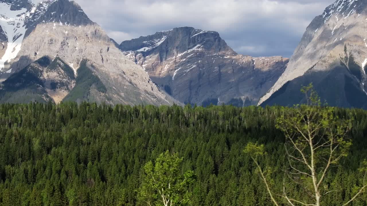 zoom-in drone panorámica a la izquierda revelando altas montañas nevadas y un vasto bosque de pinos desierto cerca de banff y yoho parque nacional en canadá bajo un cielo parcialmente nublado