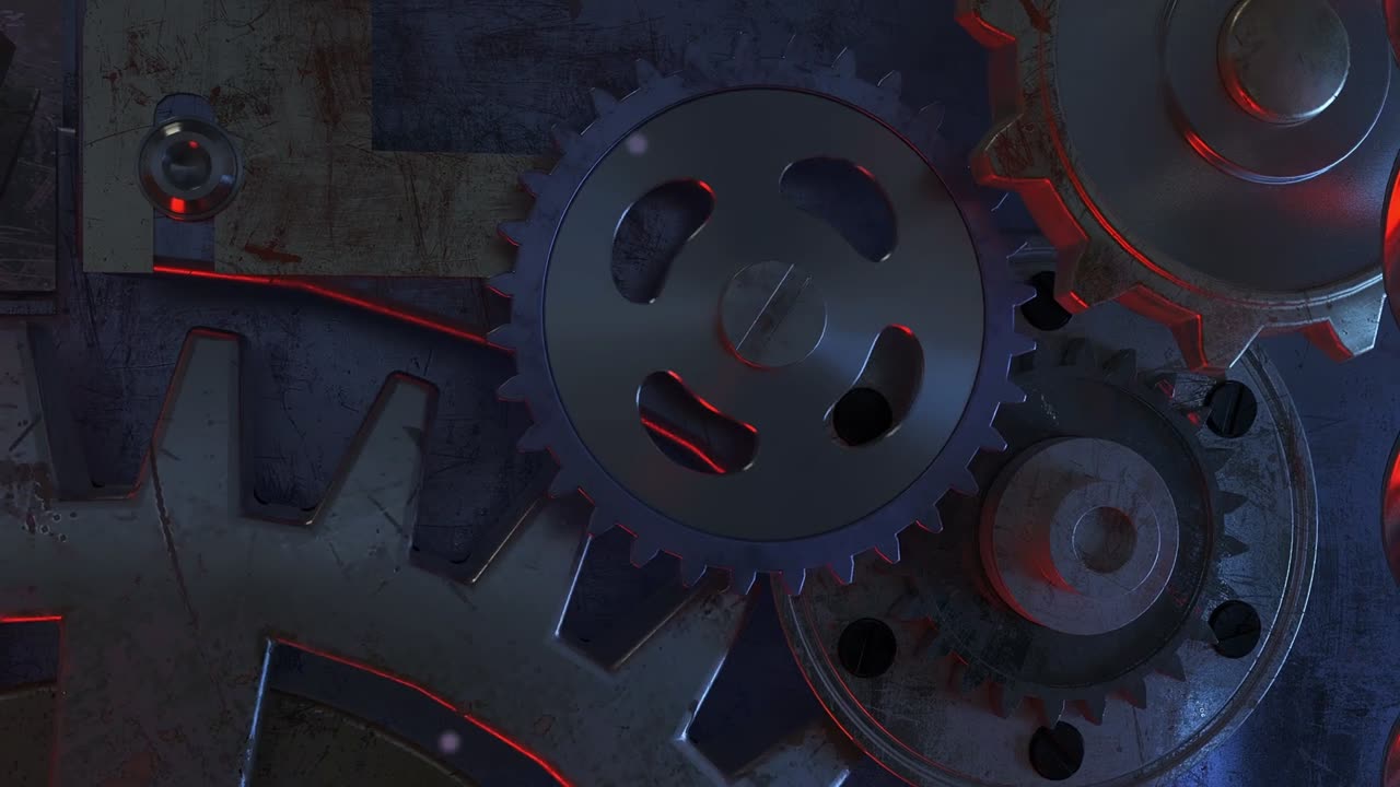 zoom en disparo de cerca de una máquina con engranajes giratorios animados y apertura de una puerta