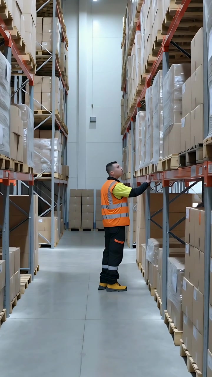 Video verticale: Lavoratore che si muove con gilet ad alta visibilità e stivali, che raggiunge e controlla l'inventario in magazzino
