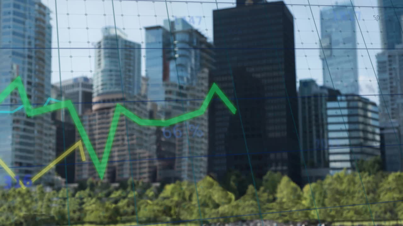 animación del procesamiento de datos financieros sobre el paisaje urbano