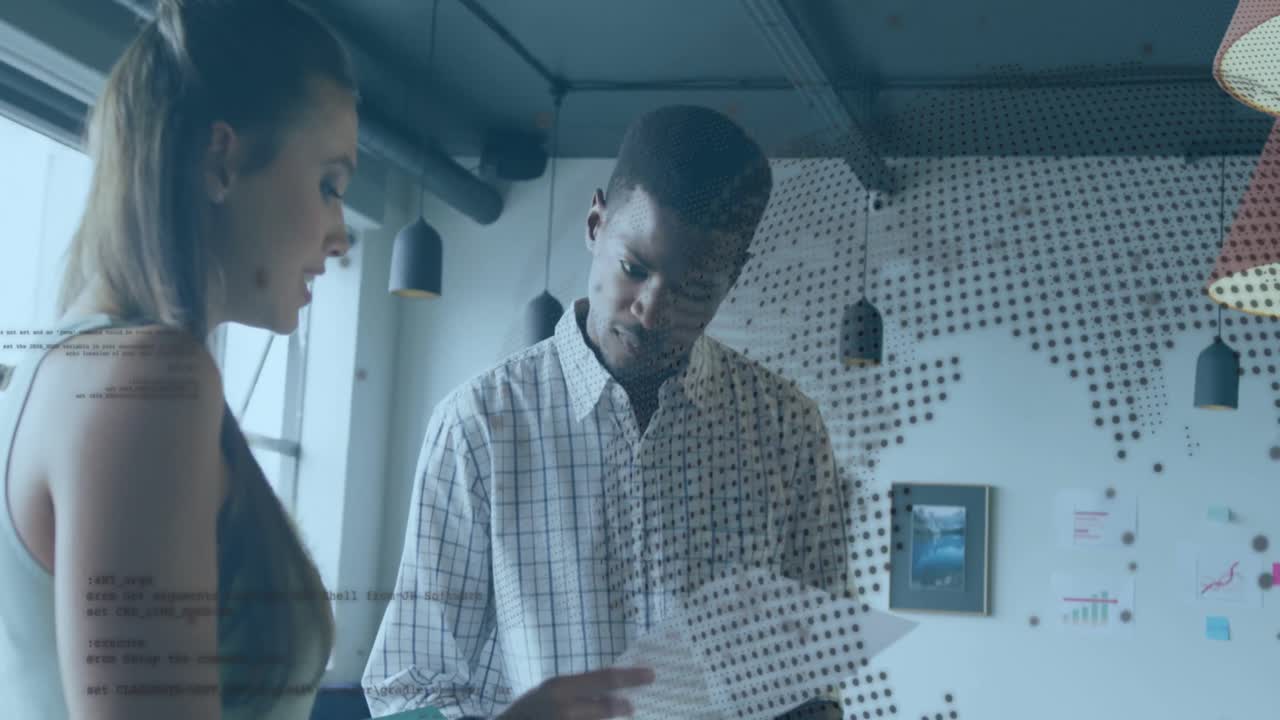 Animation of globe over diverse business people in office