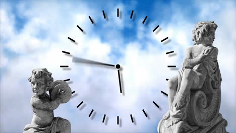 animación de la escultura gris de cupidos sobre nubes y reloj