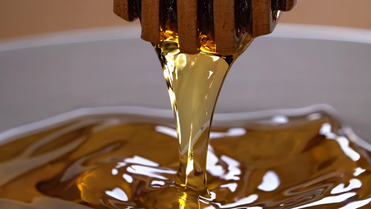 Close-up video of honey dripping from a wooden dipper into a bowl
