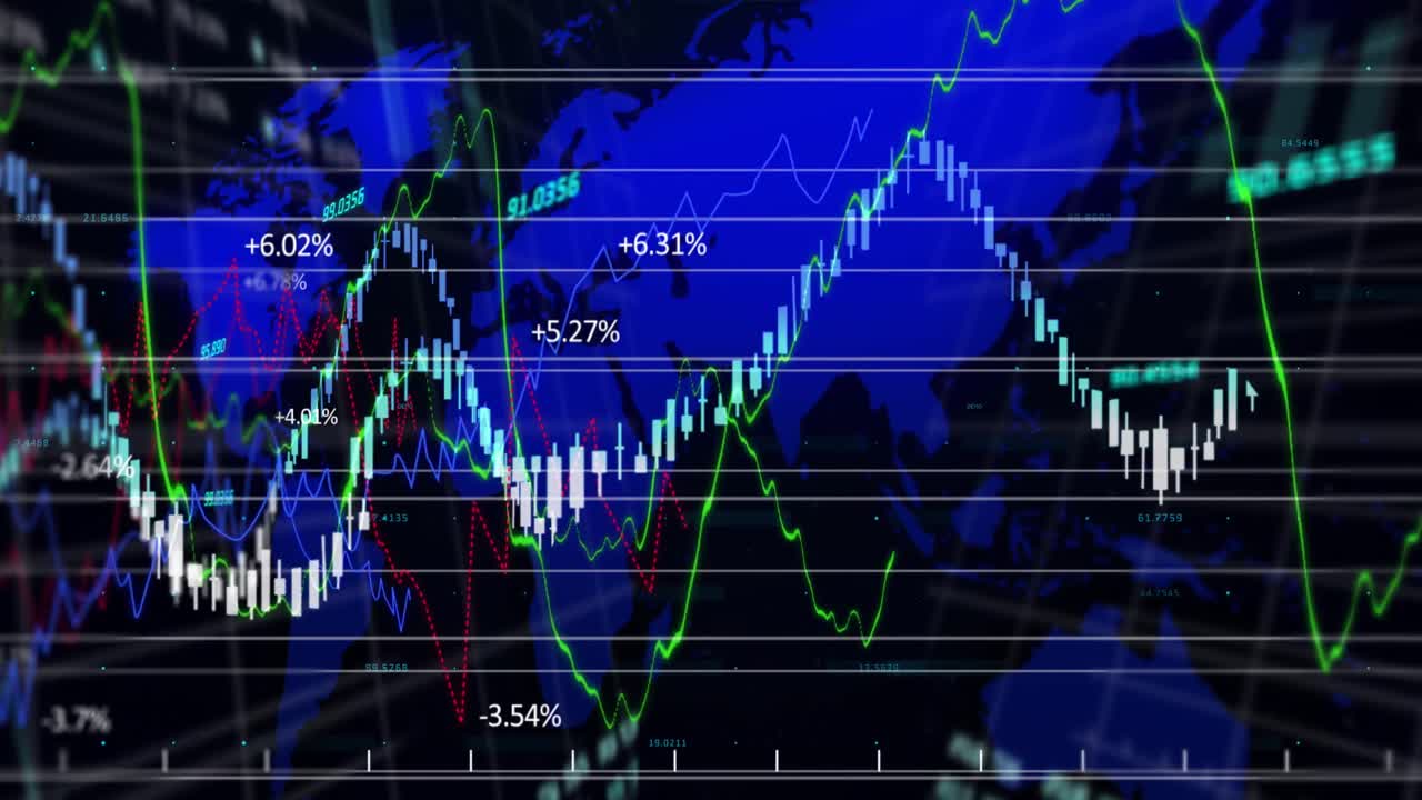 animación del procesamiento de datos financieros sobre el mapa del mundo