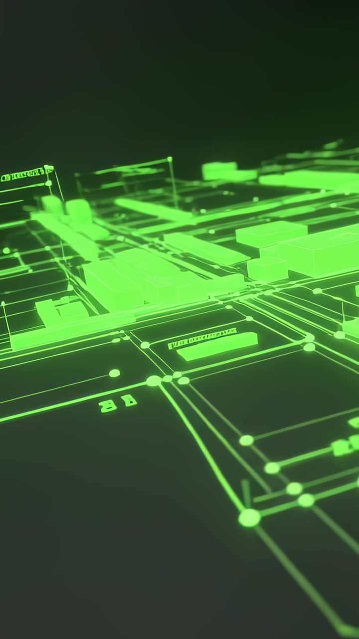 Vertical video: Starting playback moving neon grid upward at holographic interface, showing nodes