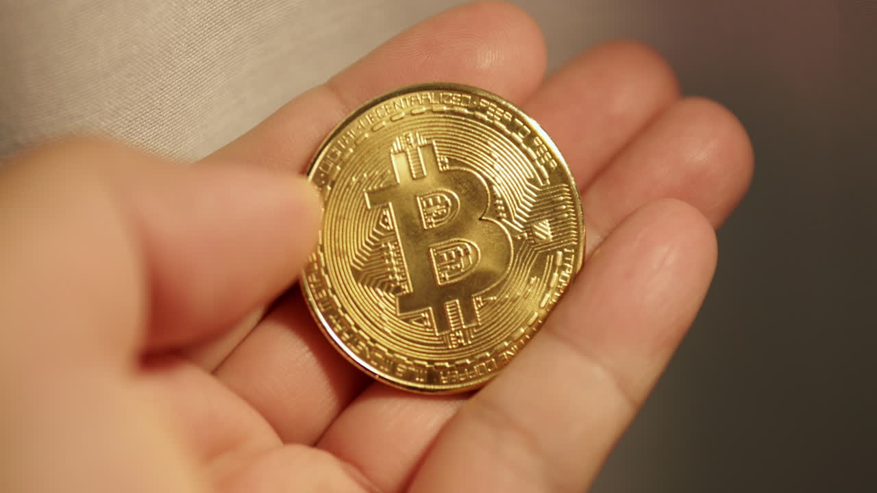 Close-up of a hand holding a golden Bitcoin coin