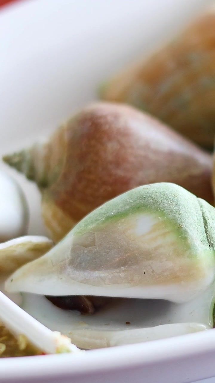 A detailed vertical shot of spiral conch shells arranged in a white serving dish.