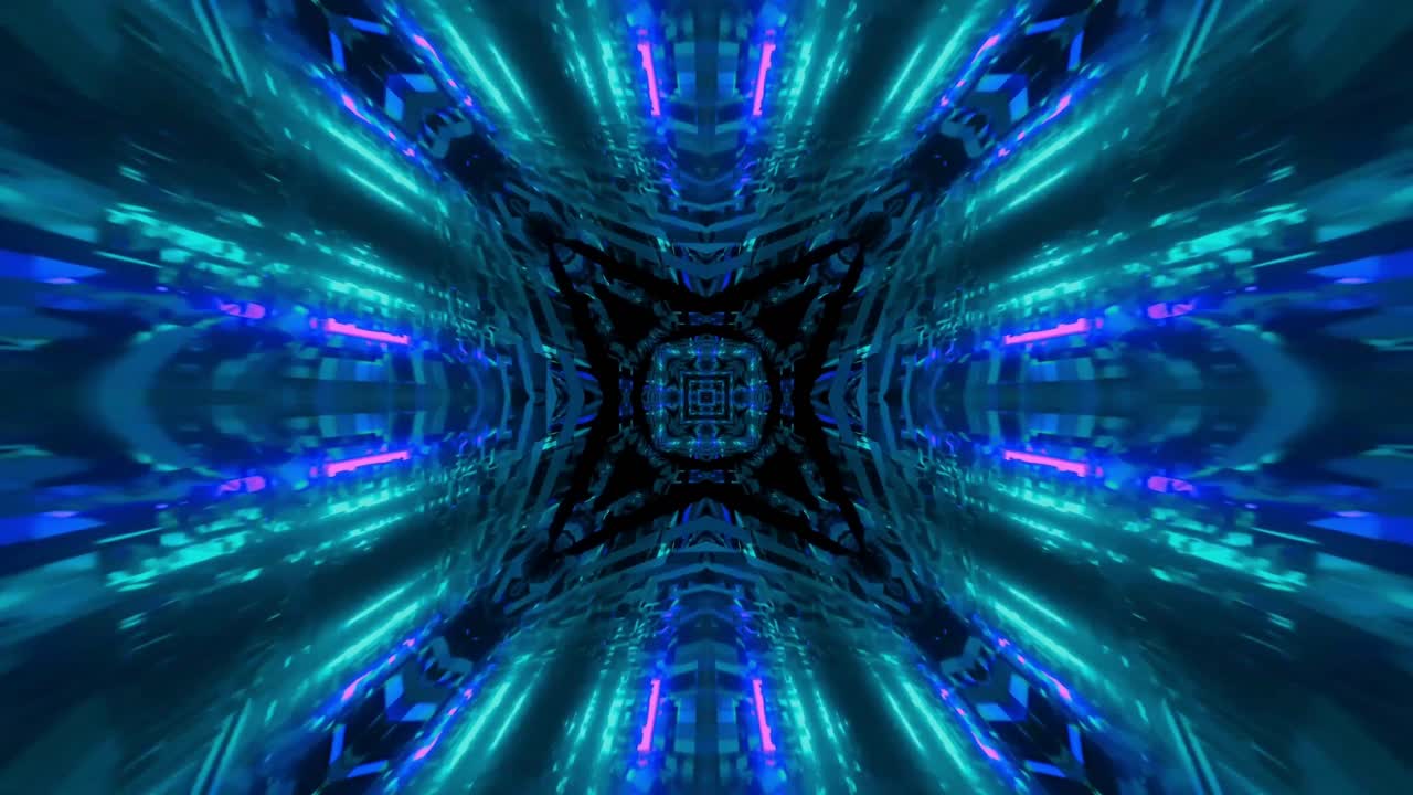 Caleidoscopio astratto futuristico a tunnel di luce al neon.