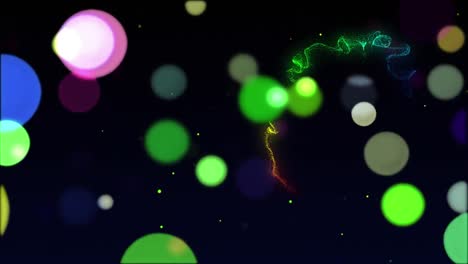 Animation-of-glowing-multicoloured-spots-over-rainbow-light-trail-in-background