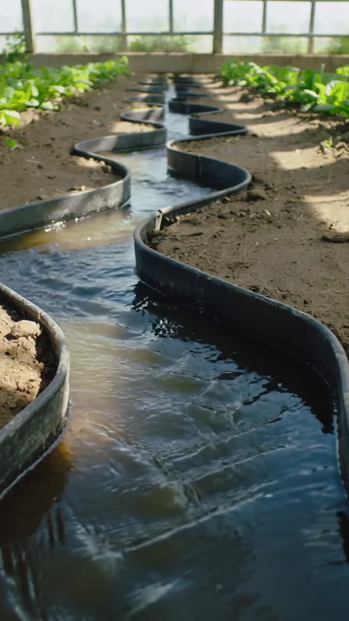 Agua fluyendo a través de un canal de riego en un invernadero