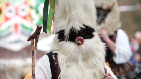 verry furry head mask made out of a goat with a man holding a wooden stick which is an old shepherd accesorie