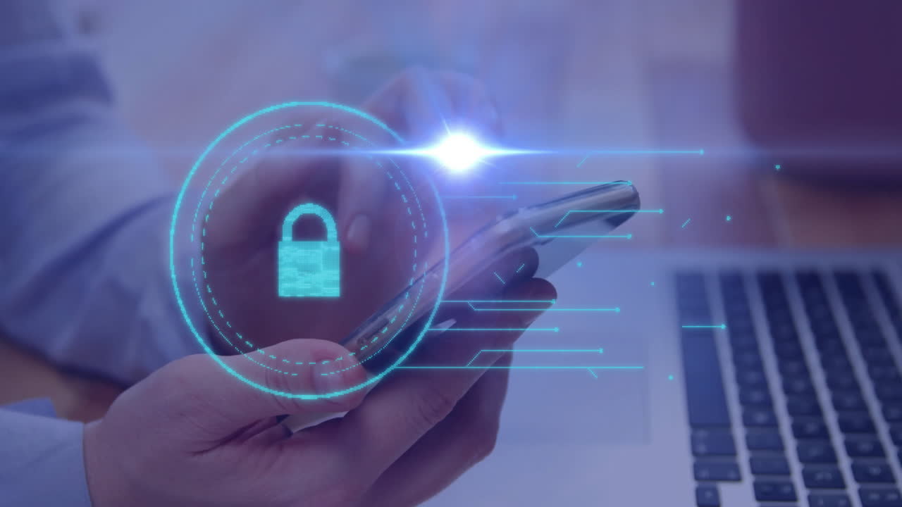 Digital currency symbol animation over person using smartphone near laptop