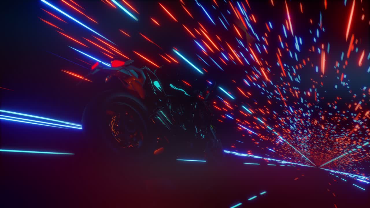 Motorcykel kører hurtigt gennem en futuristisk neontunnel