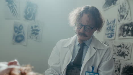 psychiatrist performing light reflex test on patient in asylum