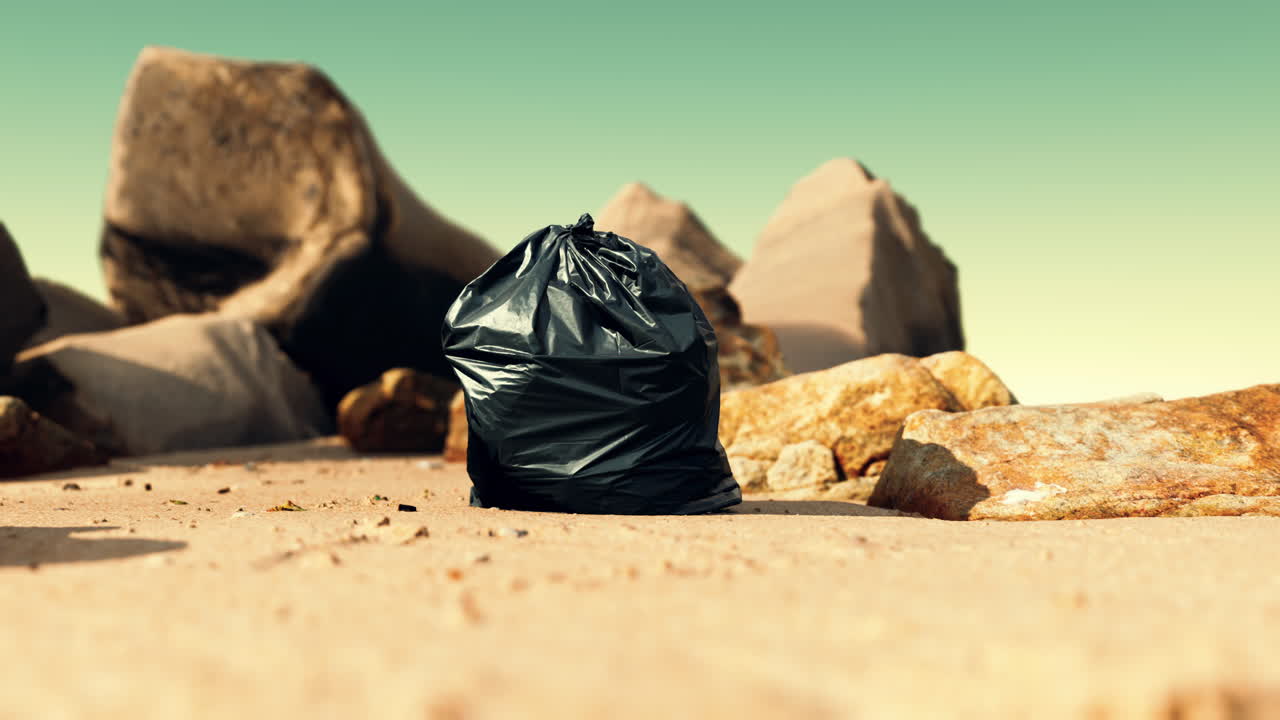 해변 에 쓰레기 가 가득 한 검은 플라스틱 쓰레기 가방