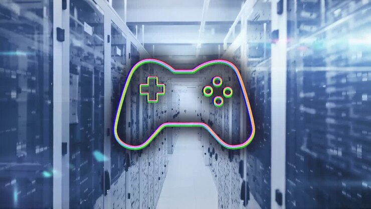 Animation of gaming pad and lights over servers