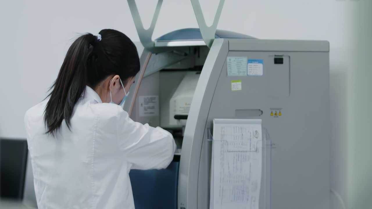 Scientist wearing lab coat in a Modern Medical Biological Research. Bioengineer in White Coat Handling Test Tubes, Putting Them Inside Advanced Machine for Analysis in cleanroom environmental facility