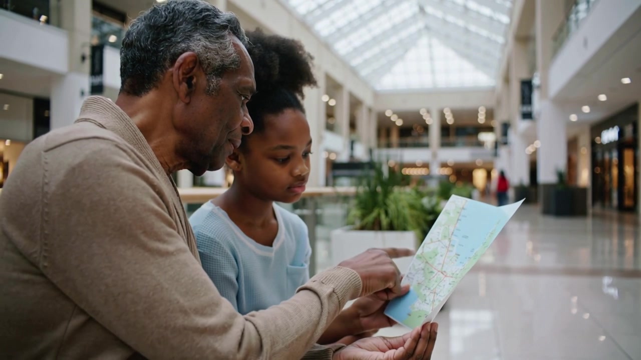 Unfolding map, elder man pointing, teen following finger, finding route at mall, cardigan blue top