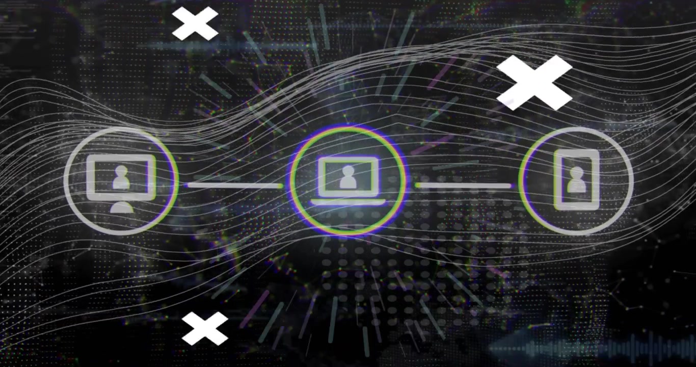 On loop start, three device icons appearing left-to-right, linking and pulsing, showing data flow