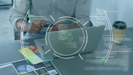 Animation of scope scanning over data processing against mid section of man using smartphone