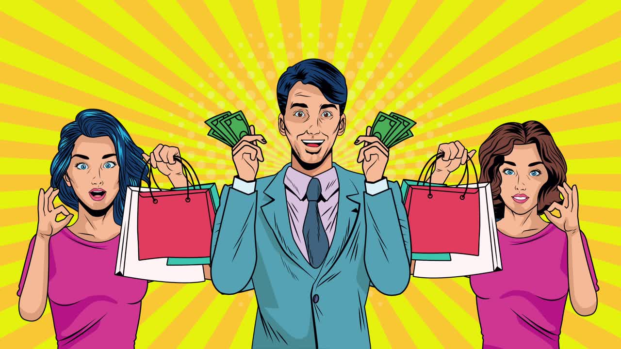 쇼핑 가방과 달러 지폐를 가진 사업가들 팝 아트 애니메이션