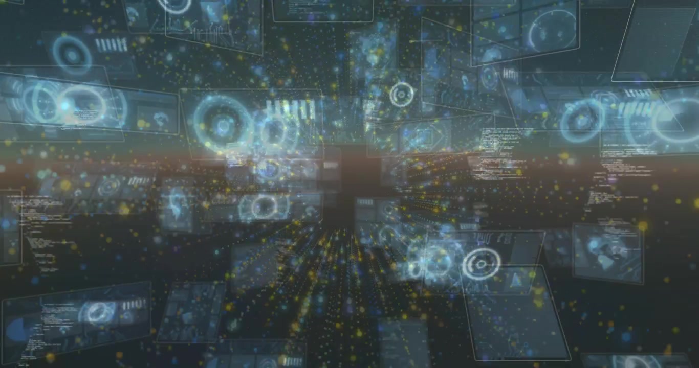 Particle pulse driving data tunnel particles streaming HUD rotating code scrolling visualizing flow