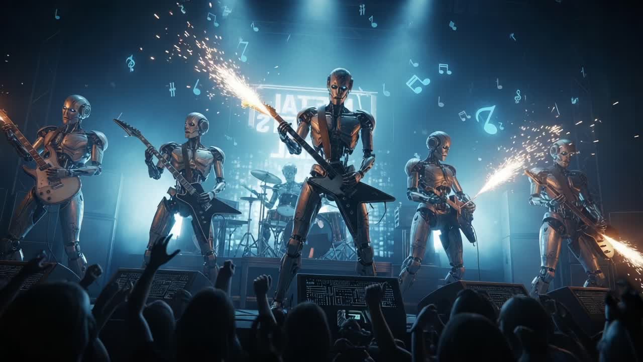A Spectacular Performance by Robotic Musicians: An Electrifying Display of Metal and Technology Captivating Audiences with Heavy Guitar Riffs and Futuristic Energy