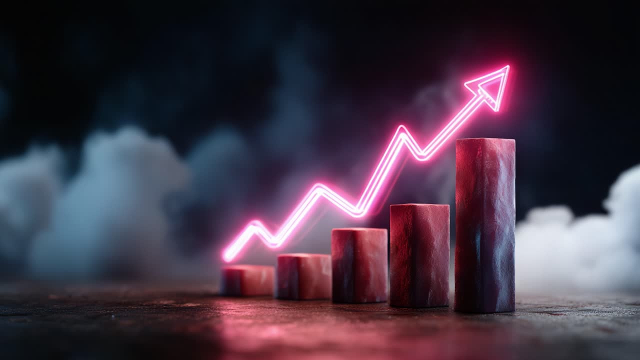A Captivating Visualization of Progress: A Dynamic Graph Illustrating Incremental Growth with a Vibrant Arrow and Cylindrical Elements Against a Dramatic Background