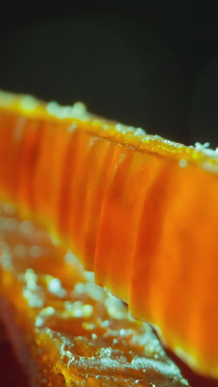 Motion along stack of tasty salted chum salmon fish strips on dark background illuminated by bright lamp light extreme close view slow motion