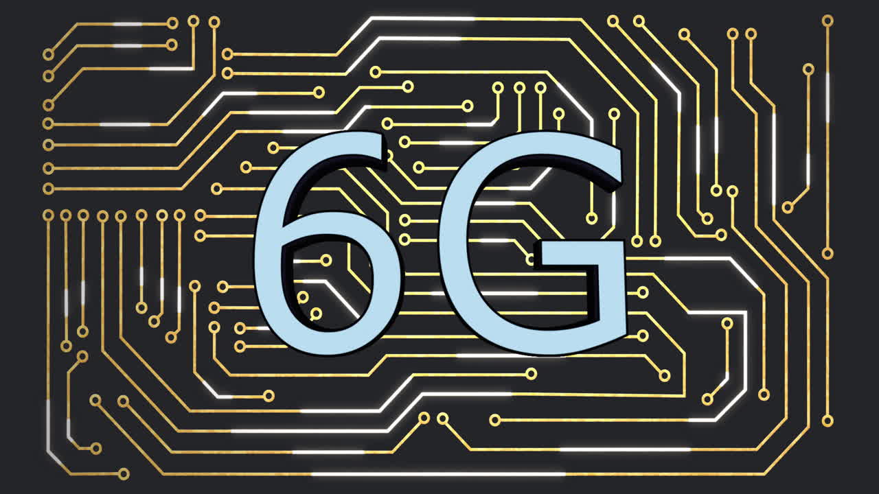 animación de texto 6g, procesamiento de datos digitales a través de una placa de circuitos informáticos