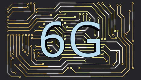 animation of 6g text, digital data processing over computer circuit board