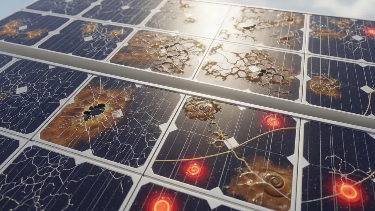 Innovative Solar Panel Design Featuring Cracked Surfaces and Celestial Patterns with Radiant Energy Sources, Showcasing a Unique Approach to Renewable Energy Technology