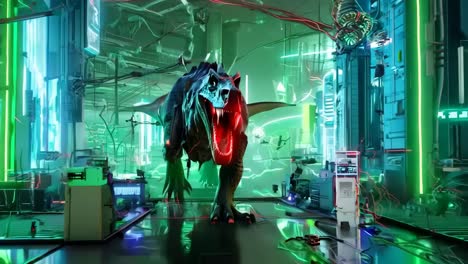 a large dinosaur with a red light on its head in a factory