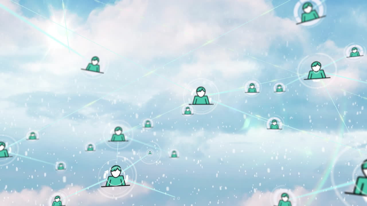 Animation of connected avatars floating over clouds in digital communication concept
