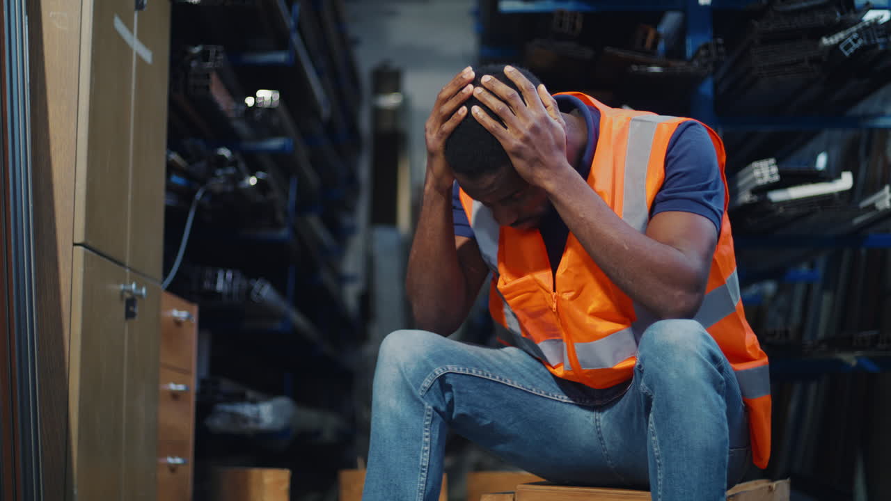 Tired and worried worker in a safety vest and hard hat sitting with his head in his hands logistics