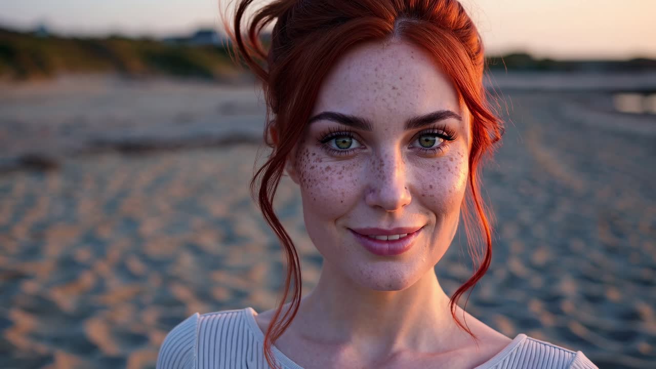 Beautiful young woman with red hair and freckles is smiling on the beach at sunset, wearing a light grey shirt, with the sea in the background