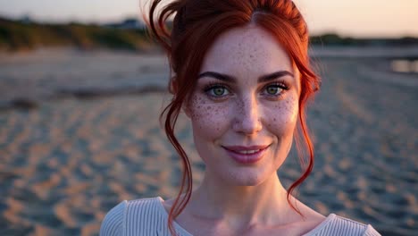 beautiful young woman with red hair and freckles is smiling on the beach at sunset, wearing a light grey shirt, with the sea in the background